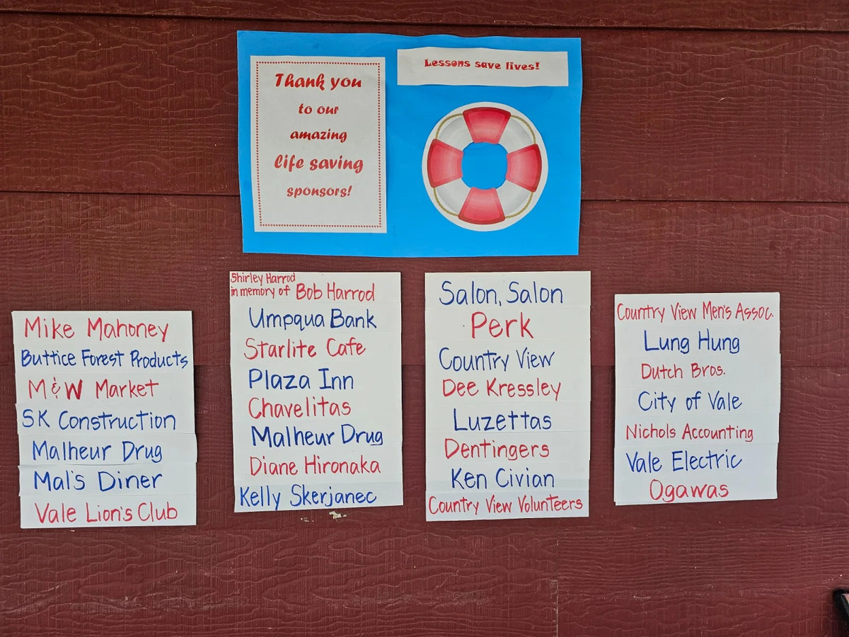 Dream Big Fund thank-you display recognizing swim lesson sponsors