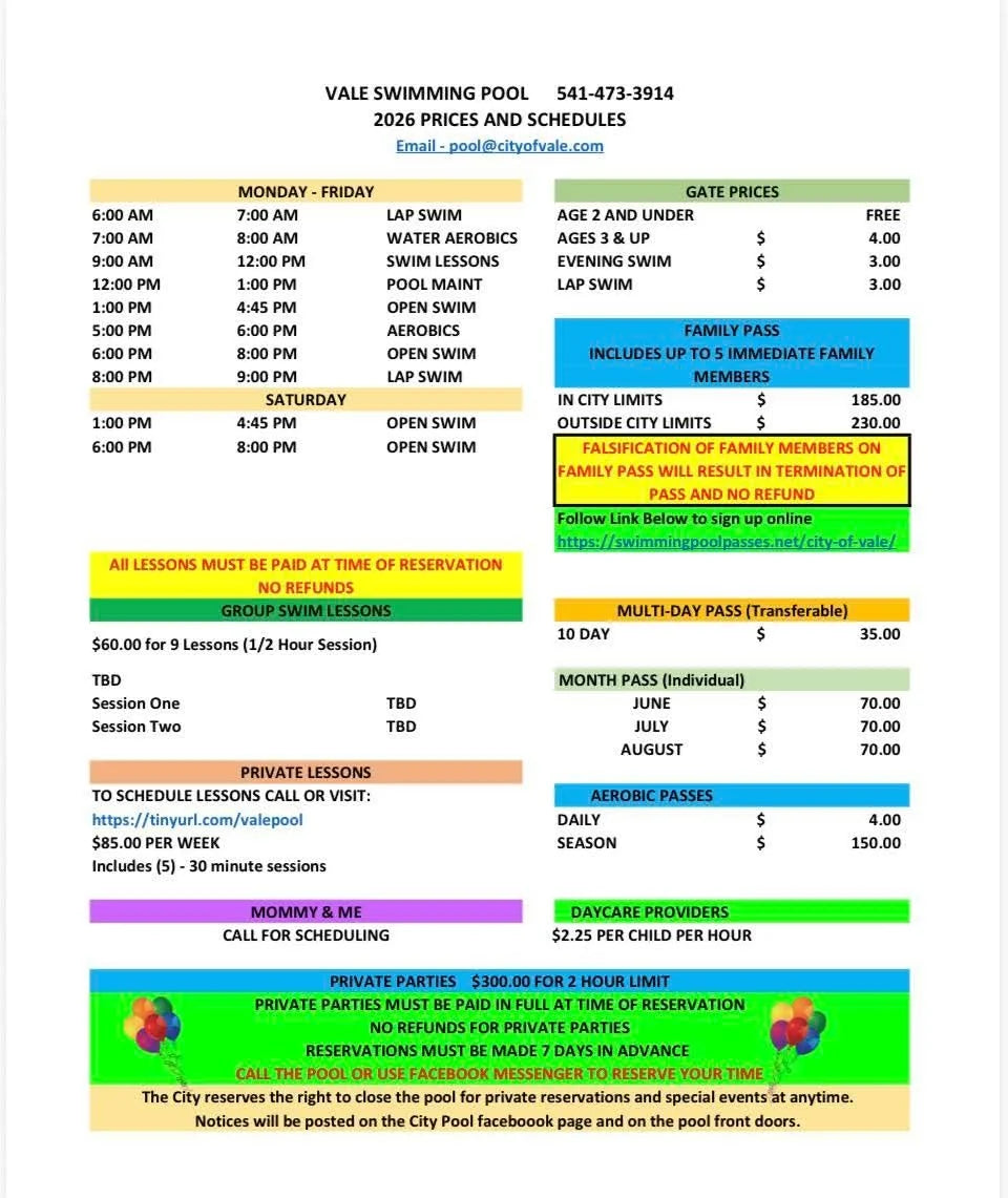 Vale Swimming Pool 2026 prices and schedules flyer