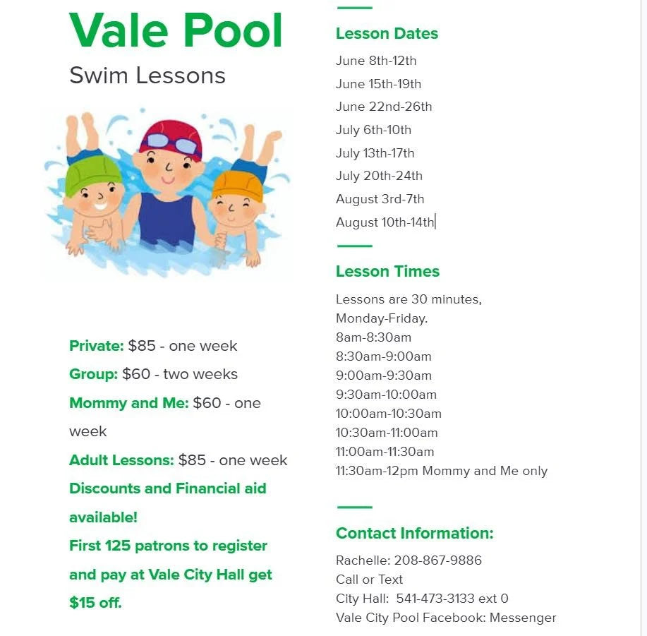 Vale Pool swim lessons dates, times and registration flyer